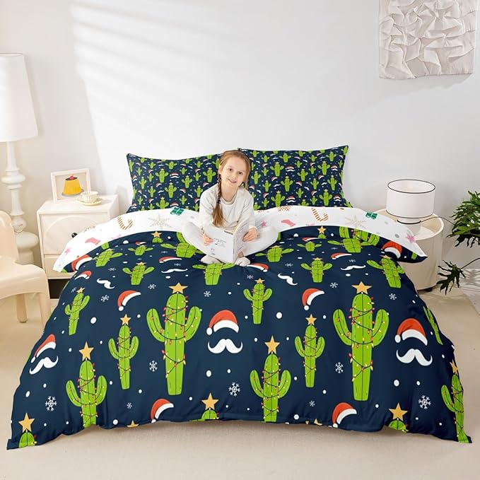 Feelyou Christmas Duvet Cover Boys Cartoon Cactus Xmas Theme Bedding Set for Kids Teens Ultra Soft Snowflake Comforter Cover Set New Year Bedspread Cover Room Decor Full Size Bedclothes Zipper