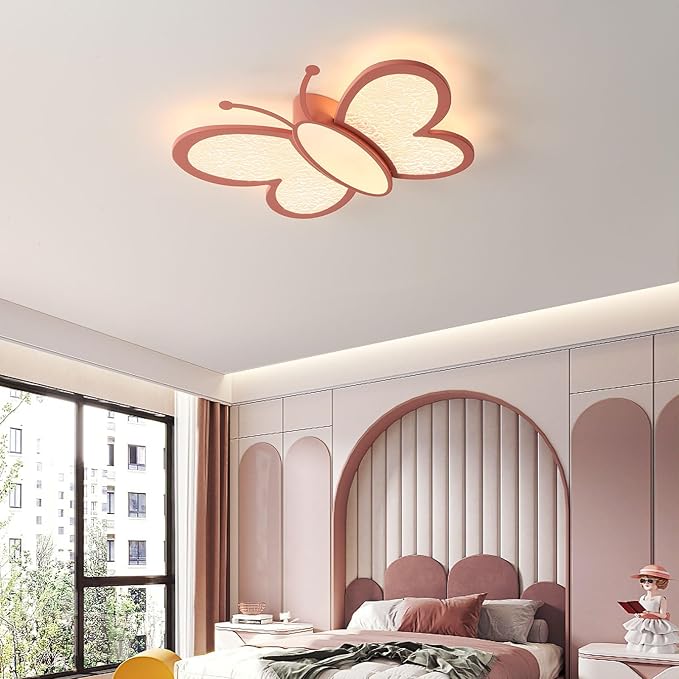 Dimmable LED Flush Mount Ceiling Light Fixture with Remote Control, 18.7Inch 36W Pink Butterfly Modern Ceiling Lamp for Girl Room Baby Kids Room Bedroom Nursery Dining Room Kitchen