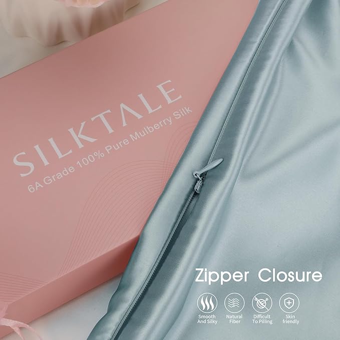 100% Mulberry Silk Pillowcase for Hair and Skin,Both Sides Natural Silk Bed Pillow Case with Hidden Zipper,19 Momme Grade 6A,1pc,Pale Blue,Standard Size 20x26 Inches