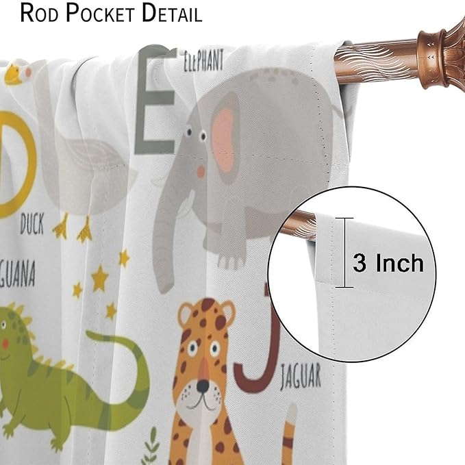Alphabet Kids Learning Curtains Cartoon Animal Baby Boys Child Educational Curtain with Rod Pocket for Bedroom Nursery Home Decor Drapes Window Treatments 2 Panels Set 63" W X 72" L