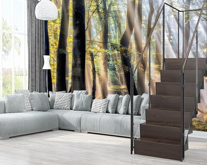 XMPMBM-Sunny Forest Woodland Fabric Wallpaper Misty Tree Living Room Bedroom Bathroom Wall Mural-W 154" X H 105"（112 Square Foot）