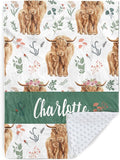 Personalized Baby Name Blanket for Boy Girl, Soft Flannel Blanket with Double Layer Dotted Backing for Infant Newborn, Nursery Crib with Floral Highland Cow Design, Gifts for New Mom(47" x60)