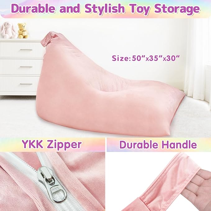 Jorbest Stuffed Animal Storage Bean Bag Chair for Kids and Adults, Luxury Velvet Stuffed Animal Bean Bag Storage, Cover Only(Sweet Pink 200 L/52 Gal)