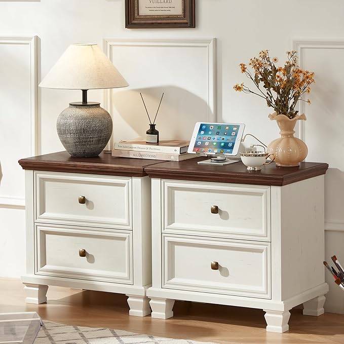 Farmhouse Bedroom Dresser and Nightstand Set of 4, 6 Drawer Low & 5 Drawers Dresser & 2 Drawer Nightstand Set, Rustic Wood Furniture Set for Bedroom, Hallway, White