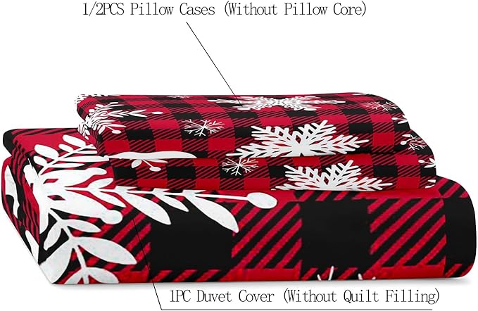 LUVIVIHOME 2PCS Christmas Duvet Cover Twin Bedding Sets, White Snowflake Bear Woodland Animals Cabin Lodge Holiday New Year Xmas Checkered Black Red Buffalo Plaid Comforter Quilt Cover, 1 Pillow Case