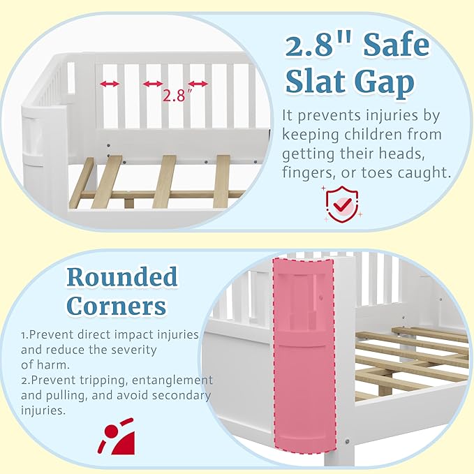 Full Kids Floor Bed Frame with Rails, Wood Low Montessori Platform Bed with Slats Support, Modern Daybed with Detachable Side Rails, Space Saving Kids Beds for Boys Girls Bedroom, White