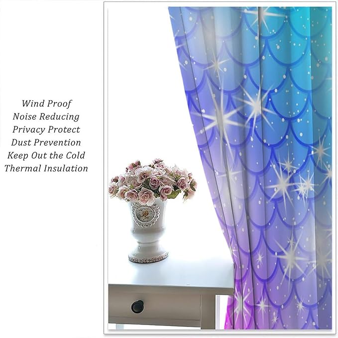 Mermaid Blackout Curtains, Kids Cartoon Blue and Pink Ocean Mermaid Scale Pattern Decoration for Girls Bedroom Nursery Curtains 42x63 Inch