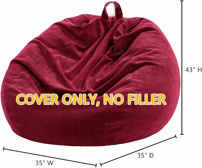 Nobildonna 3 ft Bean Bag Chair Cover (No Filler) 35"×43" Large Stuffed Animal Storage Bean Bag Washable Big Beanbag Chair Cover Premium Corduroy Bean Bag Cover for Adults,Kids,Wine Red 300L