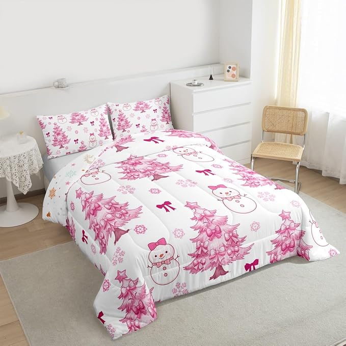 Feelyou Merry Christmas Kids Comforter Set Toddler Size Cute Snowman Bedding Set Cartoon Bowknot Duvet Quilt for Kids Boys Girls Bedroom Christmas Tree Decor Microfiber Ultra Soft Breathable