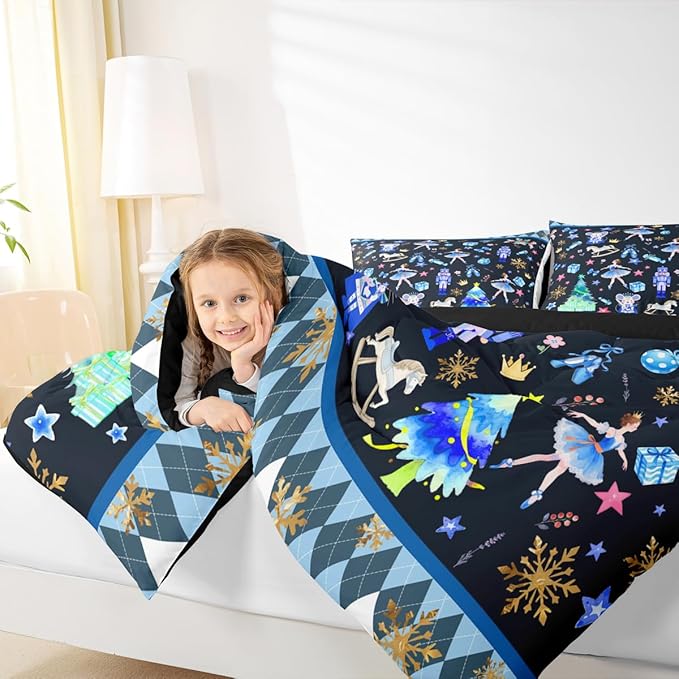 Feelyou Merry Christmas Kids Comforter Set Twin Size Ballet Nutcracker Bedding Set Snowflake Duvet Quilt for Kids Boys Girls Bedroom Decor Microfiber Ultra Soft Breathable