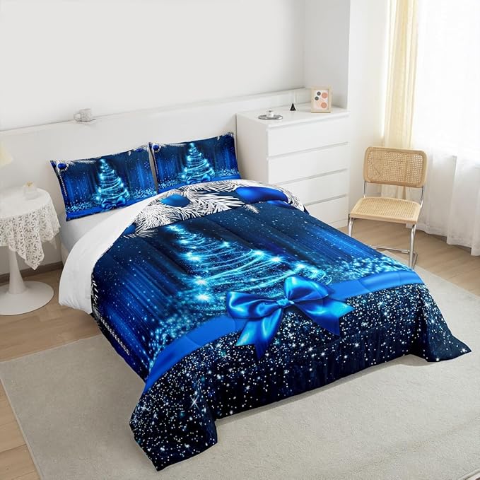 Merry Christmas Kids Comforter Set Full Size,Snowflake Christmas Tree Bowknot Bedding Set,Girls Boys Adults Xmas Decor,Blue Gradient Line Glitter Down Comforter,Romantic Duvet Insert,2 Pillowcases