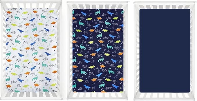 PHF 3 Pack Soft Dinosaur Crib Sheets Fitted, Comfy Breathable Baby Sheets for Boys Girls, 28x52 Inches Fits Standard Crib and Toddler Mattresses, Navy Dinosaur