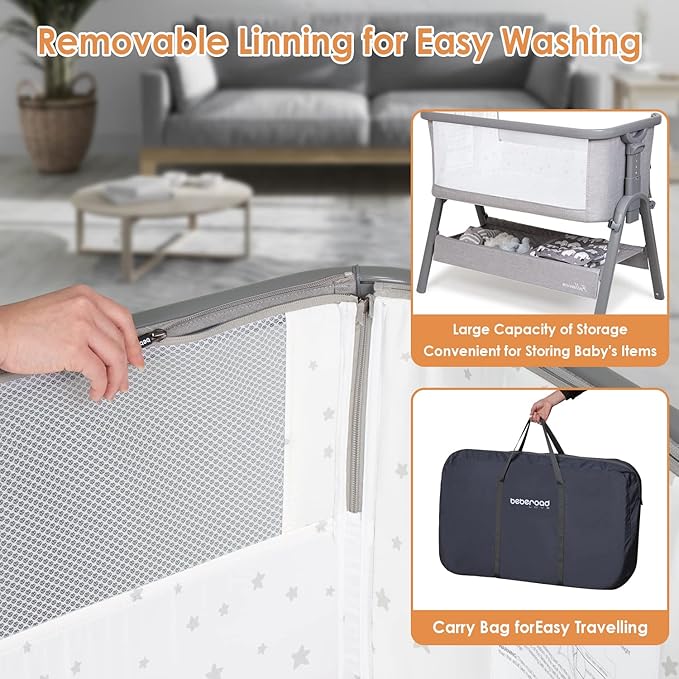 Beberoad Love Baby Bassinet Beside Sleeper for Baby Lightweight Portable 6 Heights Adjustable Beside Crib Baby Bed Cradle for Newborns Infants with Mattress Wheels Storage Basket Travel Bag Light Grey
