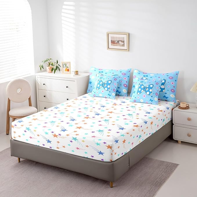 7 Pieces Blue Bowknot Kids Comforter Set King,Daisy Flowers Geometric Dot Patchwork Bedding Set,Star Bow Tie Princess Cute Dreamy（Comforter+Fitted+Flat Sheet+2 Pillowcases+2 Throw Pillow Covers）