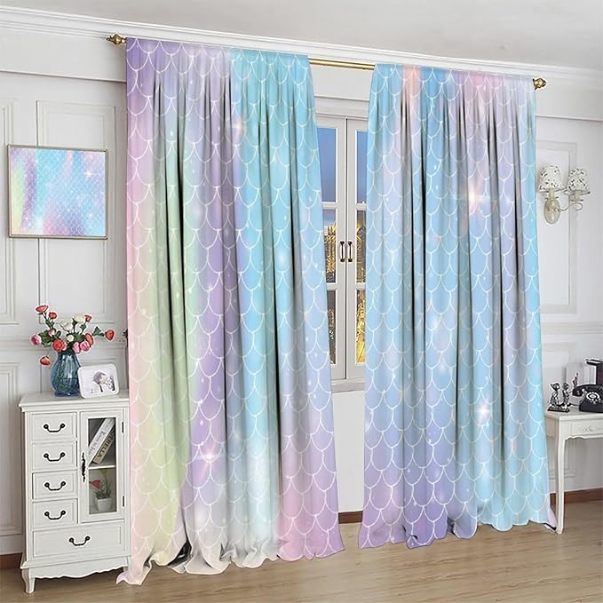Mermaid Curtains, Kids Cartoon Watercolor Sea Animals Mermaid Princess Scales Pattern Print Living Room Decoration for Kids Girls Bedroom Nursery 42x54 Inch