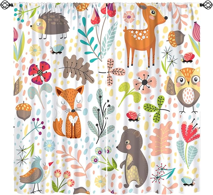 Jungle Animals Curtains, Cute Cartoon Animals Branches Blackout Window Treatments, Rod Pocket Thermal Insulated Drapes 2 Panel Sets for Kids Bedroom Nursery Classroom, 42" W X 45" L