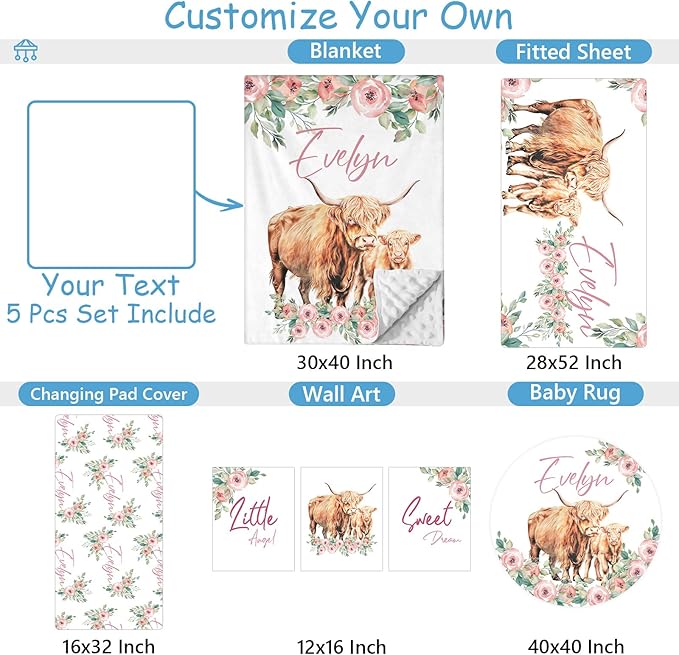 Custom Baby Crib Bedding Set, 5 Pcs Personalized Name Highland Cow Print Baby Crib Set, Double Layer Nursery Bedding Set for Baby Girls Boys, Ideal Gifts for Infant Toddler New Parents