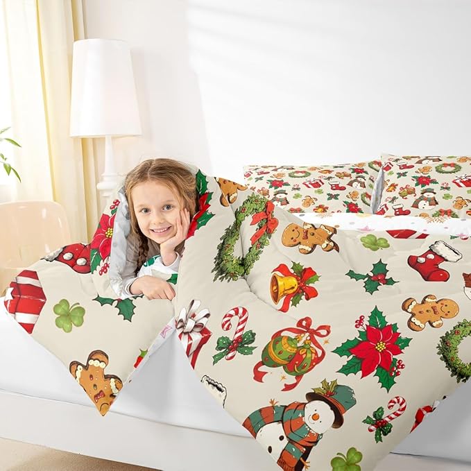 jejeloiu Merry Christmas Comforter Set Toddler Size Cute Snowman Bedding Set for Kids Boys Girls Gingerbread Man Duvet Quilt Beige Bedroom Decor