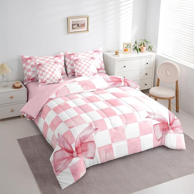 7 Pieces Pink Bowknot Kids Comforter Full,Geometric Grid Checkered Patchwork Fashion Bedding Set,Bow Tie Knot Princess Chic Unique（Comforter+Fitted+Flat Sheet+2 Pillowcases+2 Throw Pillow Covers）
