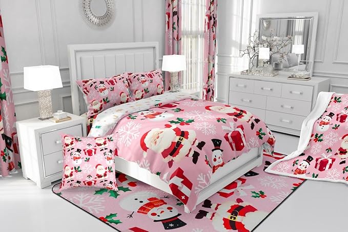 jejeloiu Merry Christmas Comforter Set Toddler Size Xmas Santa Claus Bedding Set for Kids Boys Girls Cute Snowman Duvet Quilt Pink Bedroom Decor