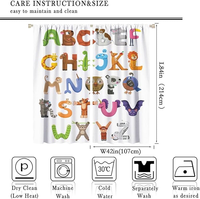 Kids Alphabet Curtains Cartoon Animal Baby Children Funny Learning Educational Curtain with Rod Pocket for Bedroom Nursery Decor Drapes Window Treatments 2 Panels Set 84x84in