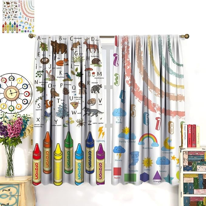 Kids Alphabet Curtain, Funny Cartoon Animal Rainbow Learning, Educational Boys Girls Children Printed Rod Pocket Blackout Window Treatments for Bedroom Living Room Nursery 84" W X 84" L