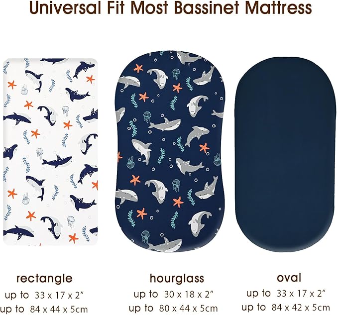 PHF 3 Pack Soft Bassinet Sheets, Shark Breathable Comfy Cradle Sheets for Baby Boys Girls Neutral, No Slip Universal Fit for Most Cradle and Bassinet Mattress, Shark