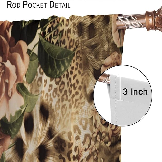 Leopard Floral Blackout Curtains, Cute Boho Floral Cheetah Animal Pattern Safari Natural Theme Window Treatments for Bedroom Living Room 42" W X 45" L