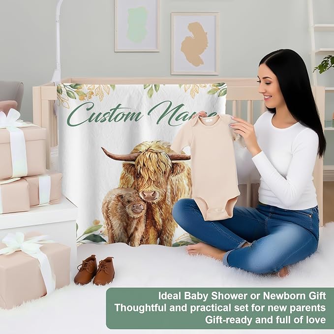 Personalized Baby Crib Bedding Set,3 Piece Custom Name Nursery Set with Blanket, Fitted Sheet & Pillowcase for Baby Girls & Boys, Highland Cow Theme(Fixed Size)
