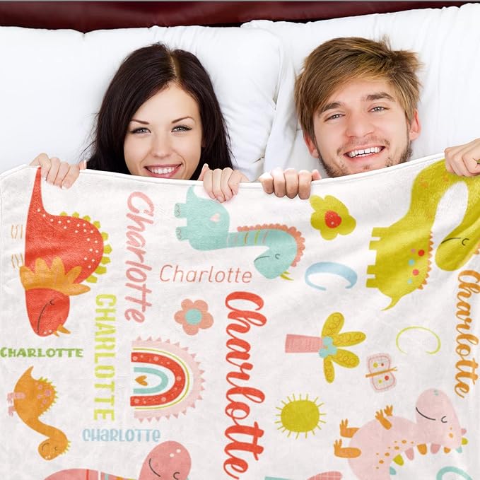 Personalized Dinosaur Blanket with Name for Girl, Custom Name Blanket for Teen, Soft Flannel Pink Dinosaur Toddler Blanket Customized Gift for Birthday 50"x60"