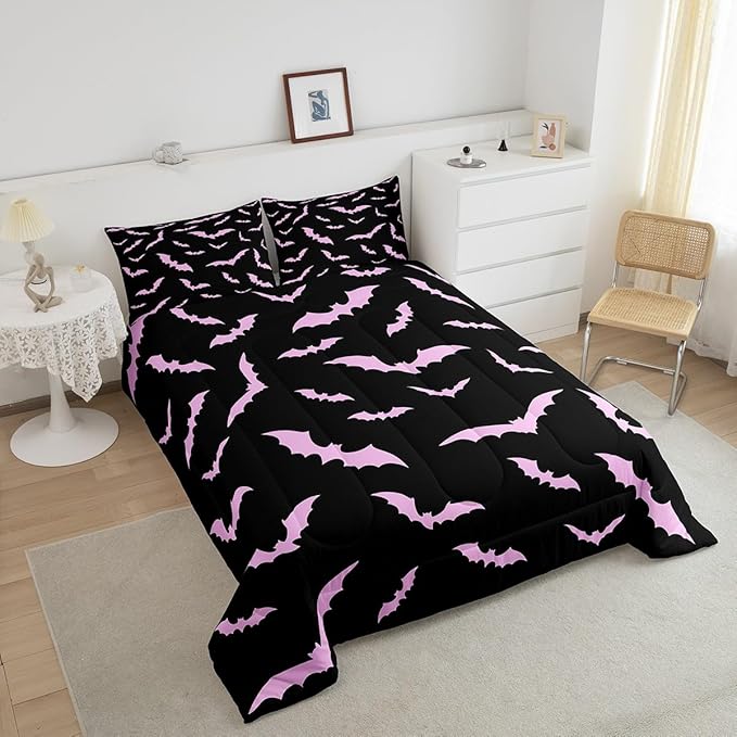 Erosebridal Halloween Bedding Set King Size for Kids Boys Youth Pink Bats Comforter Set Happy Holiday Gothic Quilt with 2 Pillow Cases Spooky Animal Bedding Comforter Sets