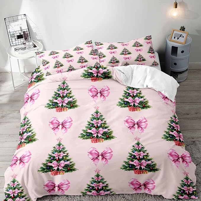 LUVIVIHOME 3PCS Pink Bow Christmas Tree Duvet Cover King Bedding Set, Teen Girl Bedding, Light Pink Duvet Cover, Xmas Tree Winter Holiday Festival Coquette Christmas Comforter Cover, 2 Pillow Cases