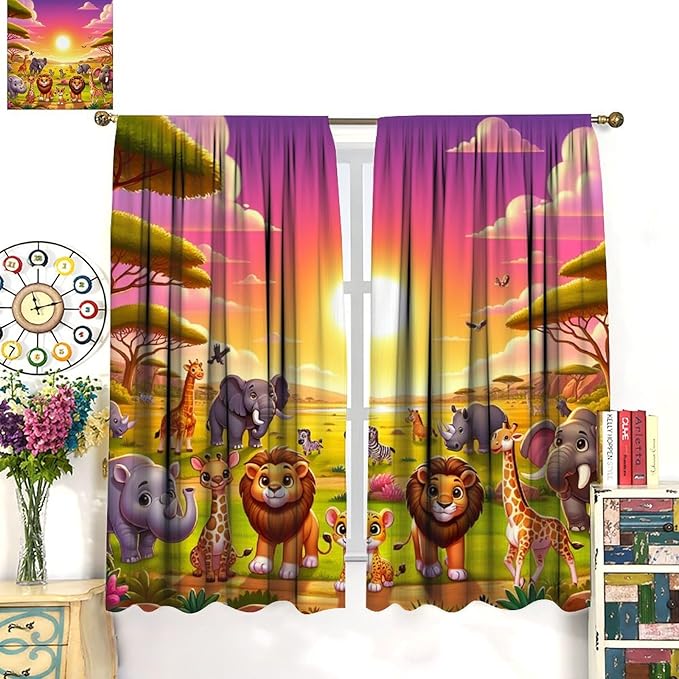 West Animal Curtains Kids Boys Girls Window Treatment Africa Cartoon Animals Lion Elephant Giraffe for Nursery Baby Bedroom Playroom Decor Window Drapes 42" W X 63" L