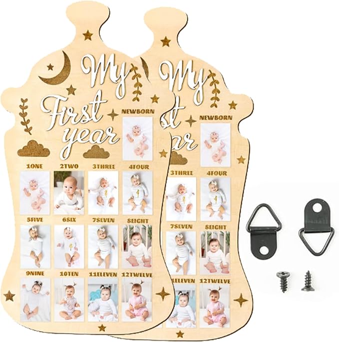 My First Year Photo Board, 2-Pack Wooden Milk Bottle Shape Baby Milestone Frame with 2 Nails Each, 17.3x9.4 Inch