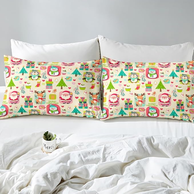 Christmas Comforter Cover Cartoon Santa Claus Snowman Flower Bedding Set Cute Penguin Deer Duvet Cover for Children Boys Girls Microfiber Gift Boxes Bedspread Cover Room Decor Bedclothes Toddler Size