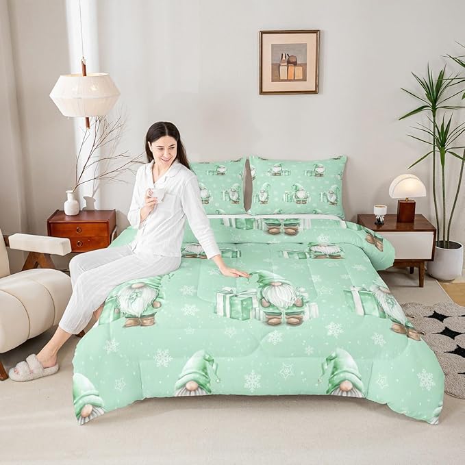 Feelyou Green Christmas Comforter Set All Season Scandinavian Christmas Santa Gnomes Bedding Set with 1 Pillow Cases Xmas Snowflake Kids Toddler Bedclothes Bedroom Decor Breathable Soft