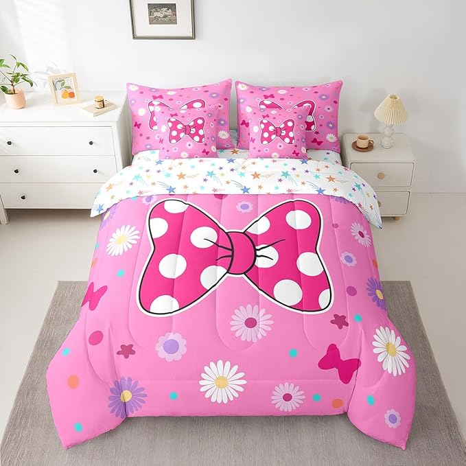 7 Pieces Pink Bowknot Kids Comforter Set Full,Daisy Flowers Geometric Dot Patchwork Bedding Set,Bow Tie Cute Princess Dreamy Chic（Comforter+Fitted+Flat Sheet+2 Pillowcases+2 Throw Pillow Covers）