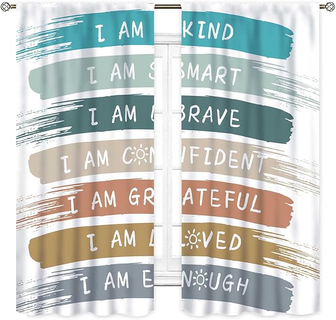 Rainbow Curtains for Classroom, Kids Girls Baby Boho Cute Inspirational Motivational Quotes Cartoon Colorful Pastel Nursery Classroom Bedroom Living Room Bathroom Window Drapes 2 Panels, 84"x84" Inch