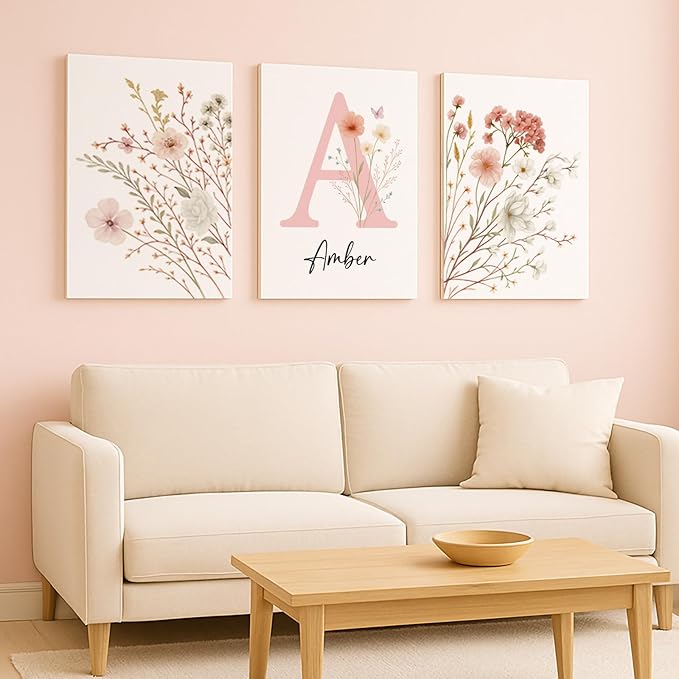 Personalized Girls Nursery Wall Art - Custom Name Pink Floral Butterfly Canvas Print 3pc Framed Wrapped Canvas for Bedroom Living Room Entryway Study Room Initial Wall Decor Baby Shower Birthday Easter Graduation New Year Valentine's Day Gift (20×25cm/...