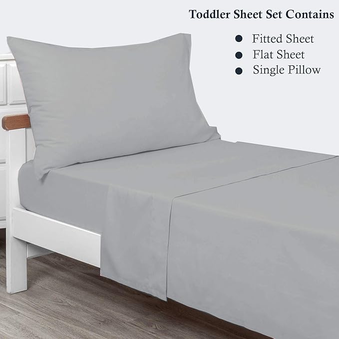 PLAIN PRINTED LINEN 3-Piece Toddler Sheet Set, 100% Cotton Fitted Sheet, Flat Sheet and Envelope Pillowcase, Mini Crib Sheets (Light Grey Solid)