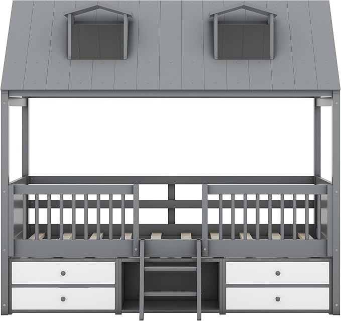 Merax Twin Size House Bed Frame with Full-Length Fence and 4 Storage Drawers, Kids Playhouse Tent Bed with Roof and 2-Step Ladder for Children Boys Girls Teens Bedroom, Solid Wood Slats Support, Gray