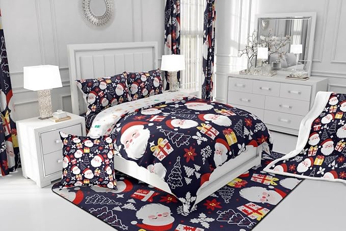 jejeloiu Santa Claus Comforter Set Toddler Size Merry Christmas Bedding Set for Kids Boys Girls Xmas Themed Duvet Quilt Dark Blue Bedroom Decor