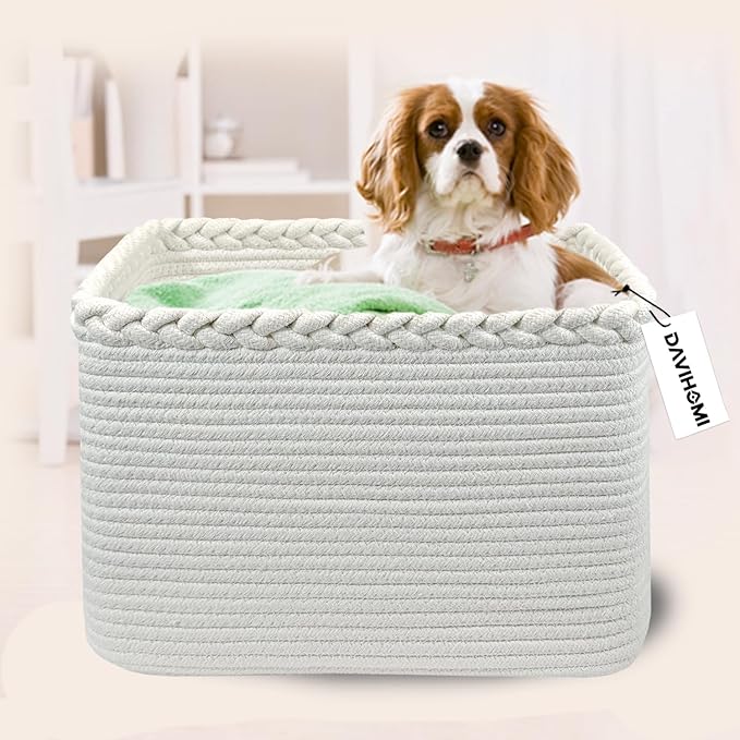 Rectangular Woven Cotton Rope Basket for Organizing, Gift Baskets for Handles, Empty Gift Baskets, Medium Rope Basket|13.5" x 11" x 9.5" home decor for Toys,Towels, Pillows,Clothing（White）