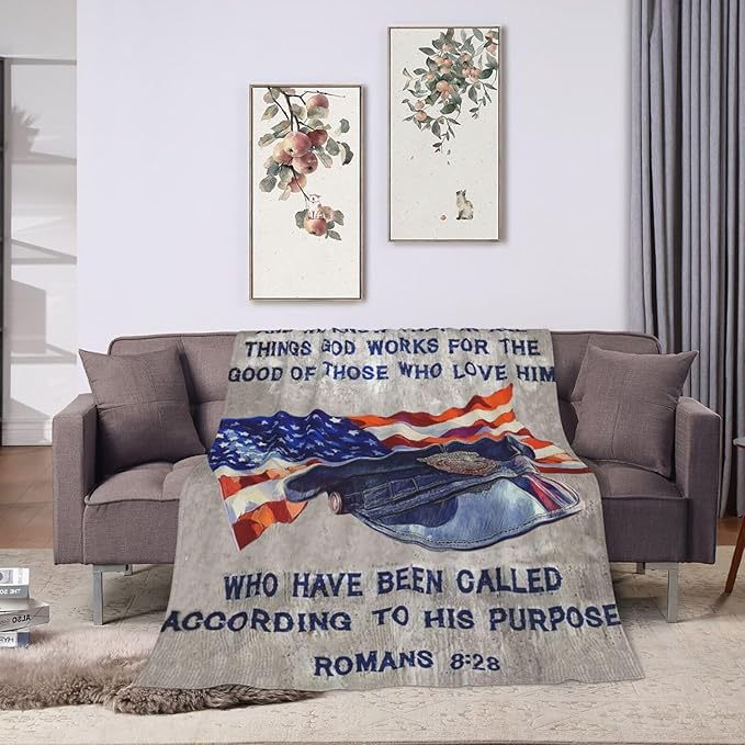 Policeman Blanket Police Officer Throw Blanket Super Soft Flannel Lightweight Fluffy Plush Fuzzy Fleece Police Academy Graduation Blanket Gifts for Man Woman Prayer for Bed Sofa Bedding 60"X80"