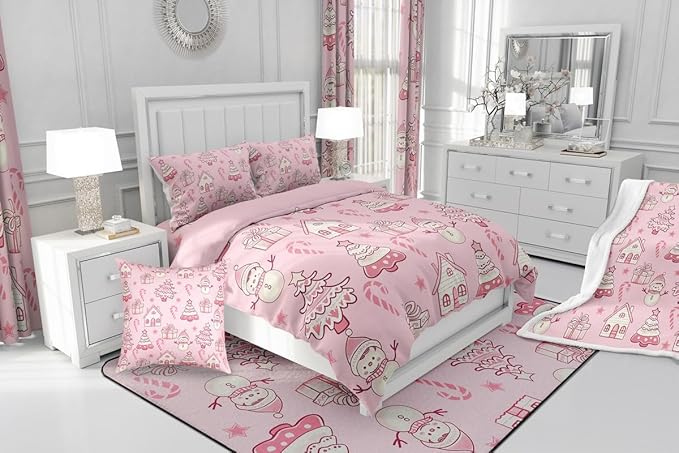 Feelyou Pink Christmas Comforter Set Queen Size Xmas Tree Snowman Bedding Set for Kids Boys Girls Star Gift Duvet Quilt Candy Cane Bedroom Decor Microfiber 3 Pcs with 2 Pillow Cases