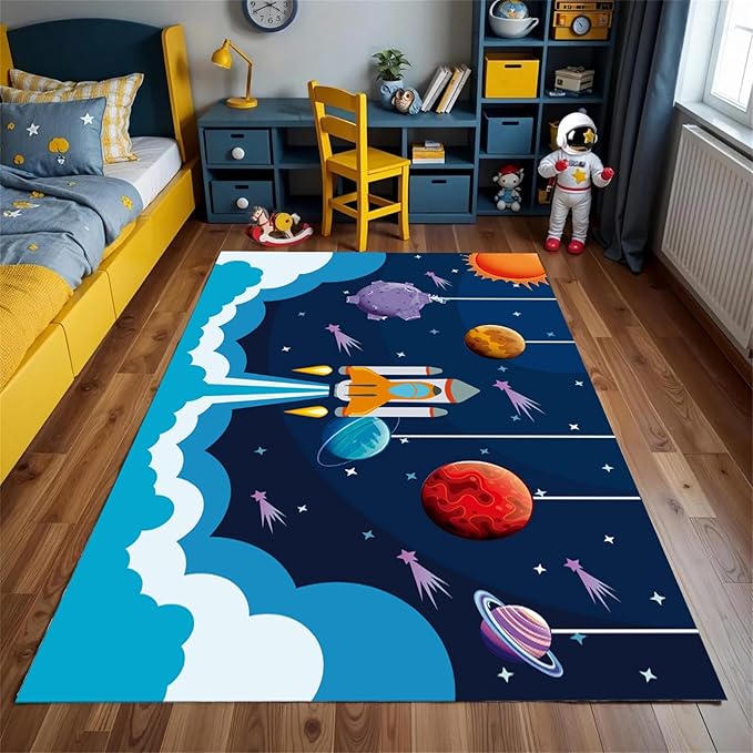 Outer Space Rugs,4x5ft,Kids Playroom Crawling Mat,Machine Washable,Non-Slip Carpet with Cartoon Planets and Rocket Design,Suitable for Kids Bedroom,Classroom,Nursery Decorative Rug