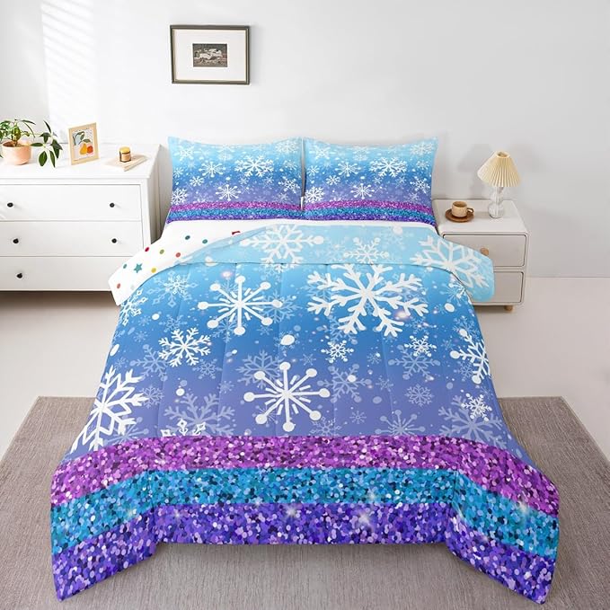 Feelyou Winter Snowflake Comforter Set All Season Glitter Print Bedding Set with 2 Pillow Cases Christmas Microfiber Kids Queen Bedclothes Holiday New Year Bedroom Decor Duvet Quilt Soft Lightweight