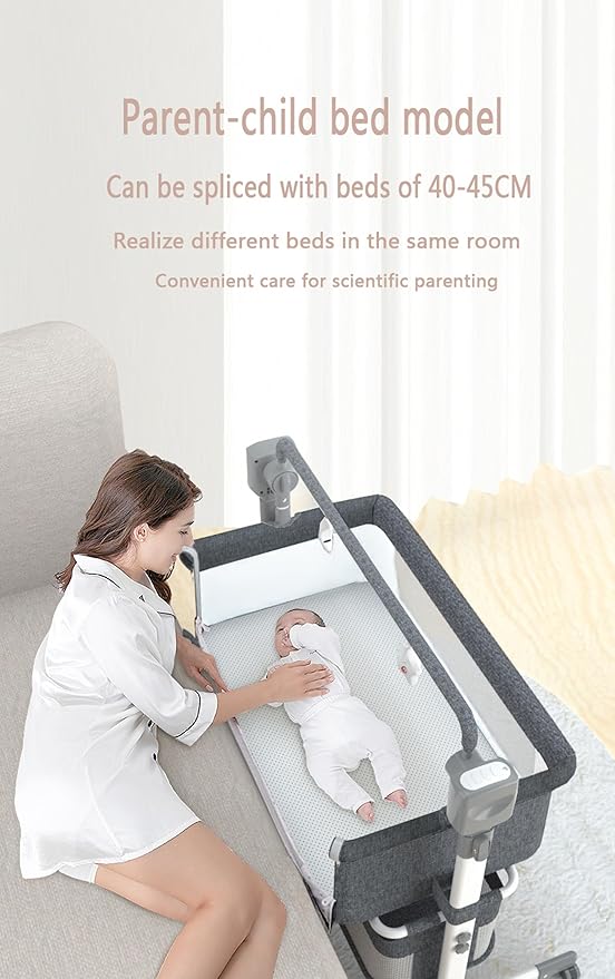 Electric Bluetooth Smart Next to Me Crib, Bassinet Cradle with Lullaby Music, Baby Bedside Crib for Newborn, Baby Co-Sleeper Cot with Mattress, Remote and 5 Swaying Gears (MG601-Grey)