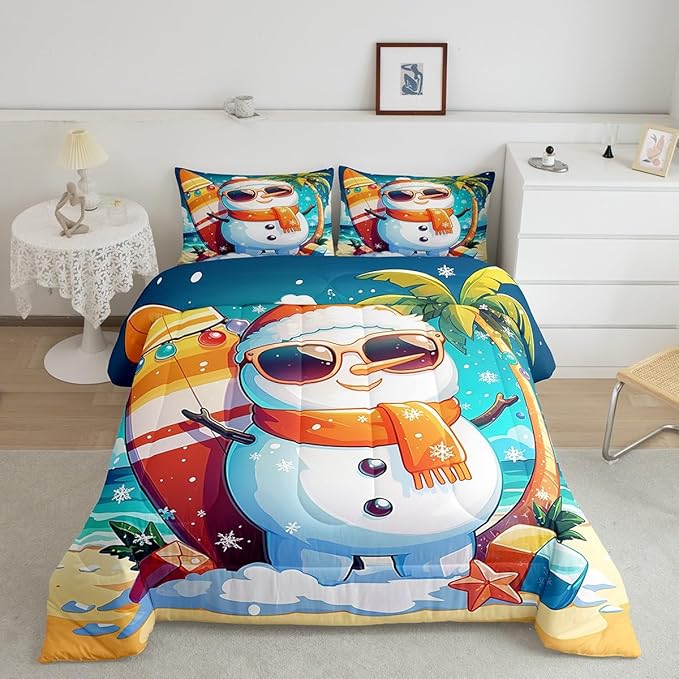 Manfei Cute Snowman Comforter Set Queen Size, Christmas Theme Bedding Set for Kids Boys Girls, Beach Surfboard Palm Tree Down Comforter for All Season, Lightweight Duvet Insert, 2 Pillowcases