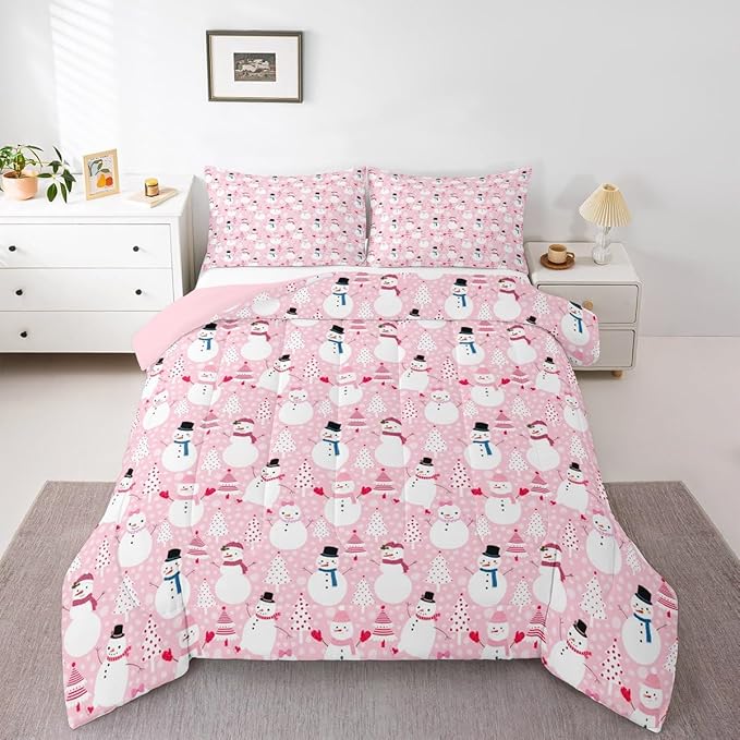 Castle Fairy Snowman Christmas Tree Comforter Set,Cartoon Pink Dreamy Bedding Set Kids Teens Modern Decor,Merry Christmas Comforter with 1 Pillowcase for All Seasons,Twin